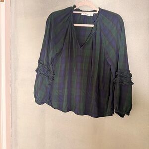Vineyard Vines Women’s Plaid V-Neck Tie Front Ruffled Long Sleeve Blouse Size M